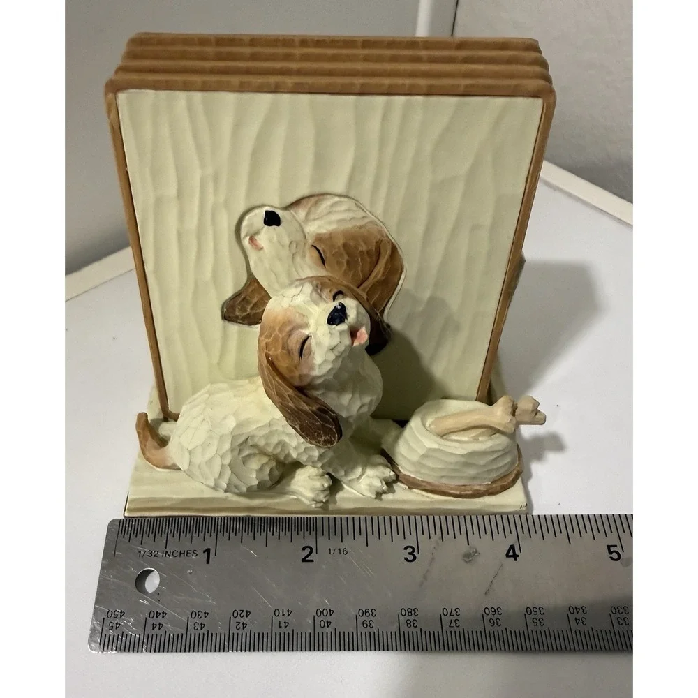 Vintage 4 Coaster Set with 3D Dog Puppy Holder Handpainted Carparatian